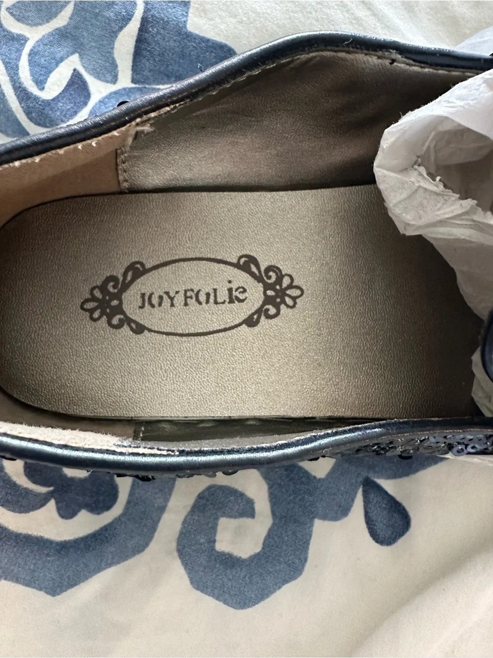 Joyfolie Navy Sequin Bow Slip-On Loafers
